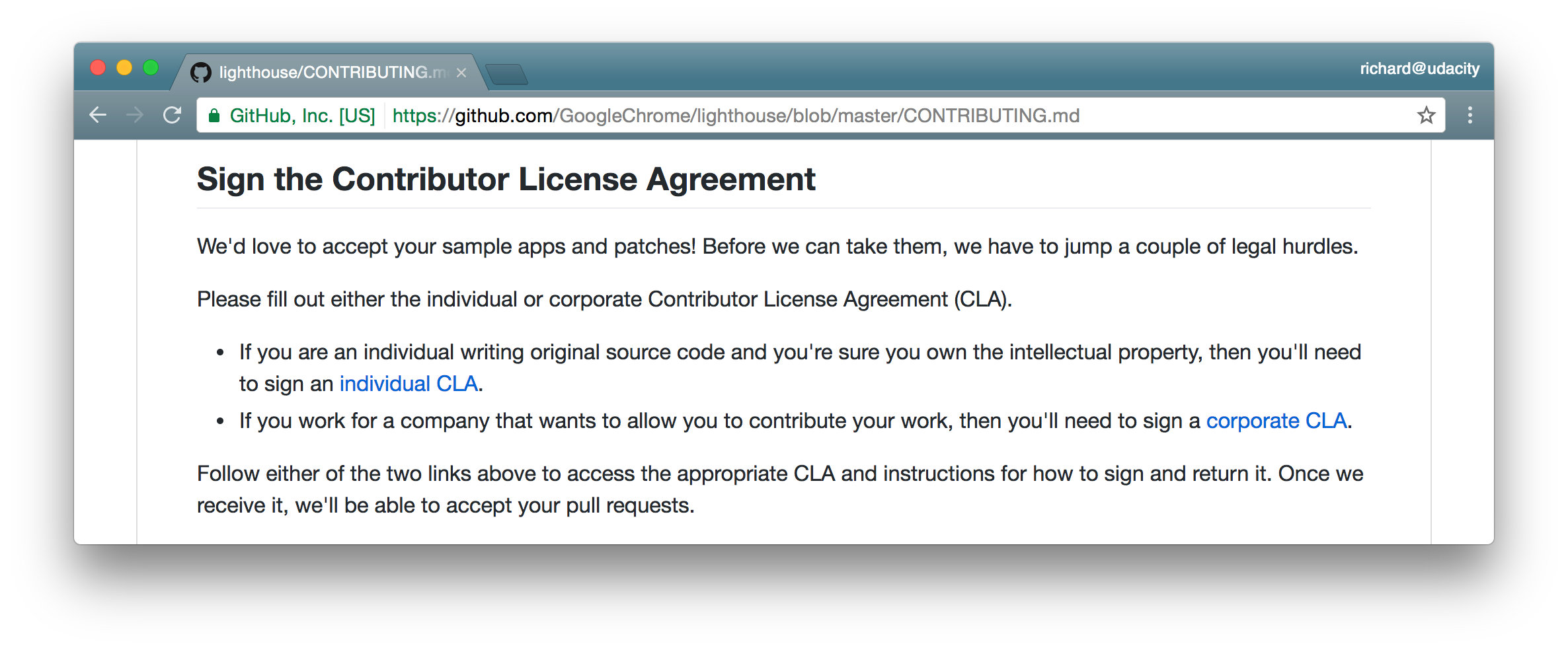 _The Contributor License Agreement section of Google's Lighthouse project's CONTRIBUTING.md file._